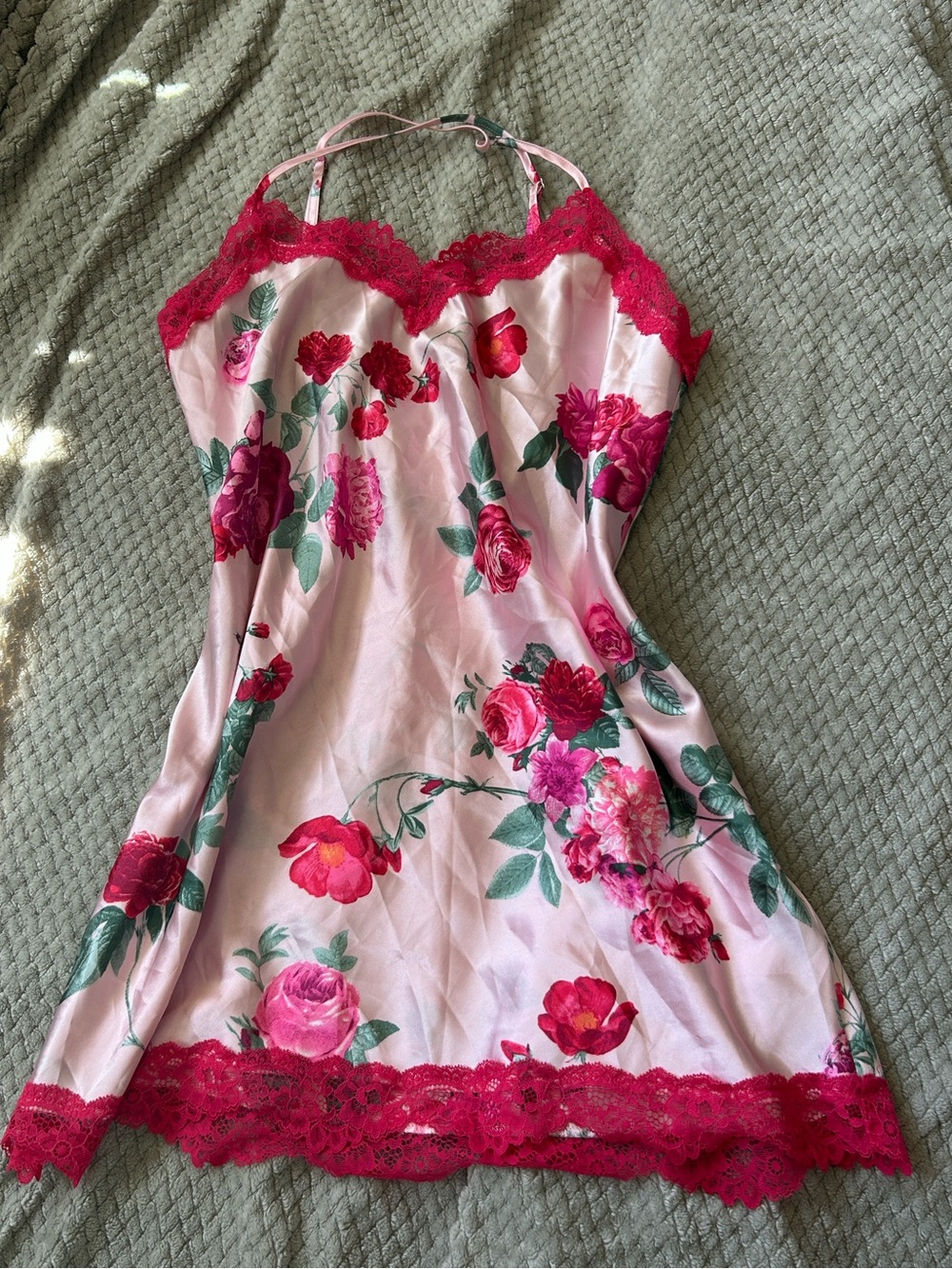 Floral Lace Trim Chemise Slip in Light Pink with Magenta Accents